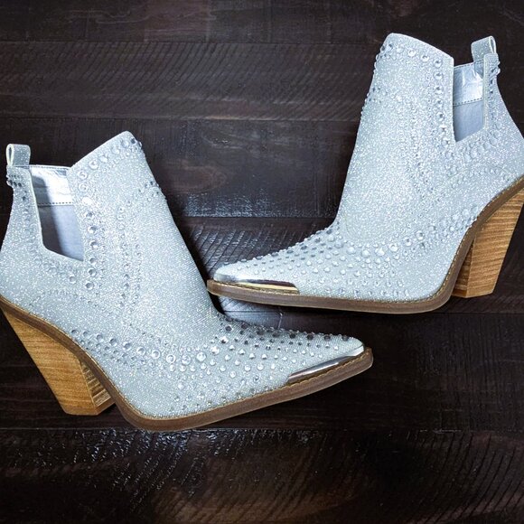 Gianni Bini Jeweled Silver Glitter Cowboy Booties Women’s 8 M Western Heels NEW - Picture 2 of 16